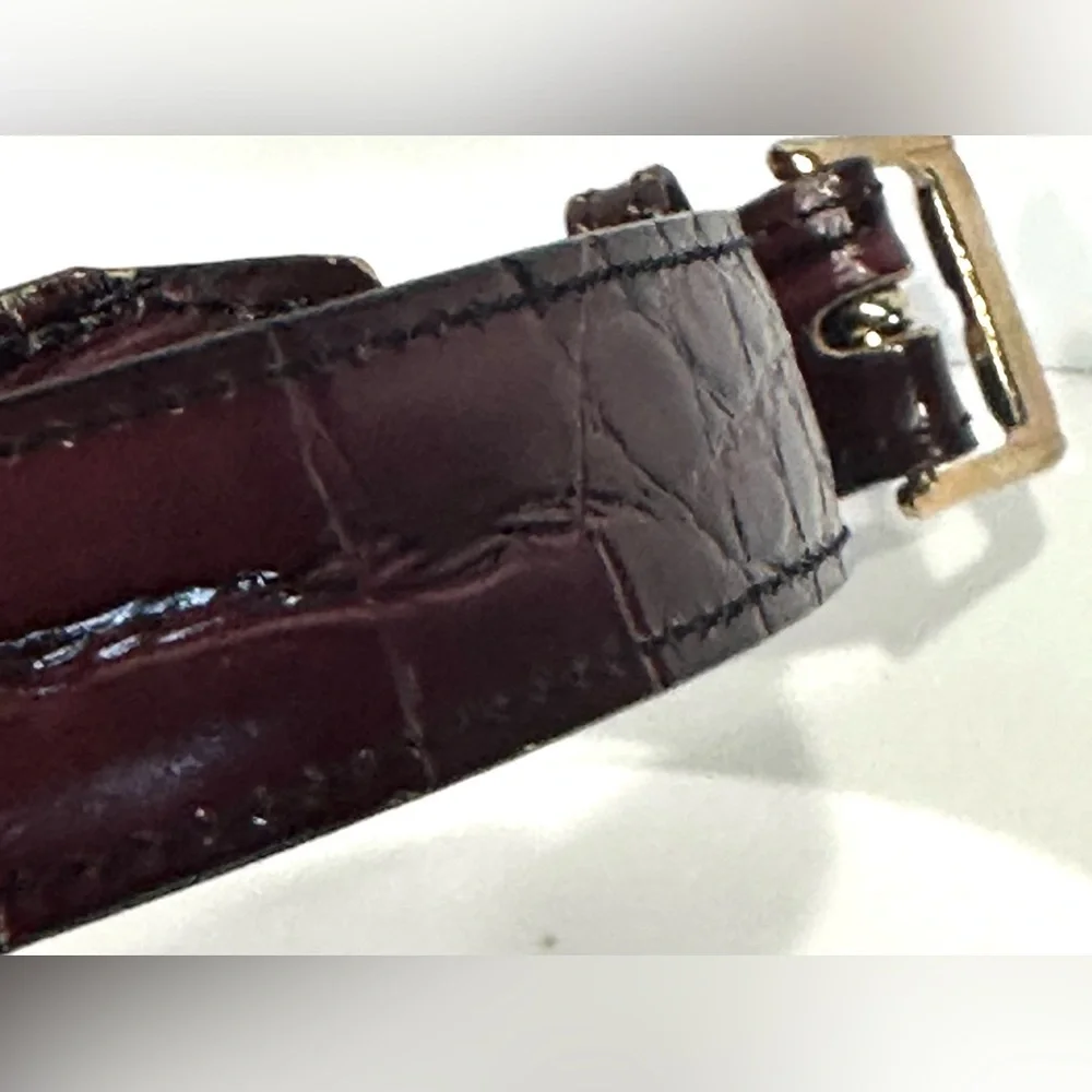 BILL BLASS DESIGNER CORDOVAN BROWN LEATHER BELT, CROCO-EMBOSSED, GOLD BUCKLE,